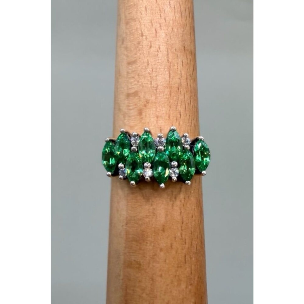 Vintage Sterling Silver Green CZ Marquise Cluster Ring Size 8 Cocktail Statement